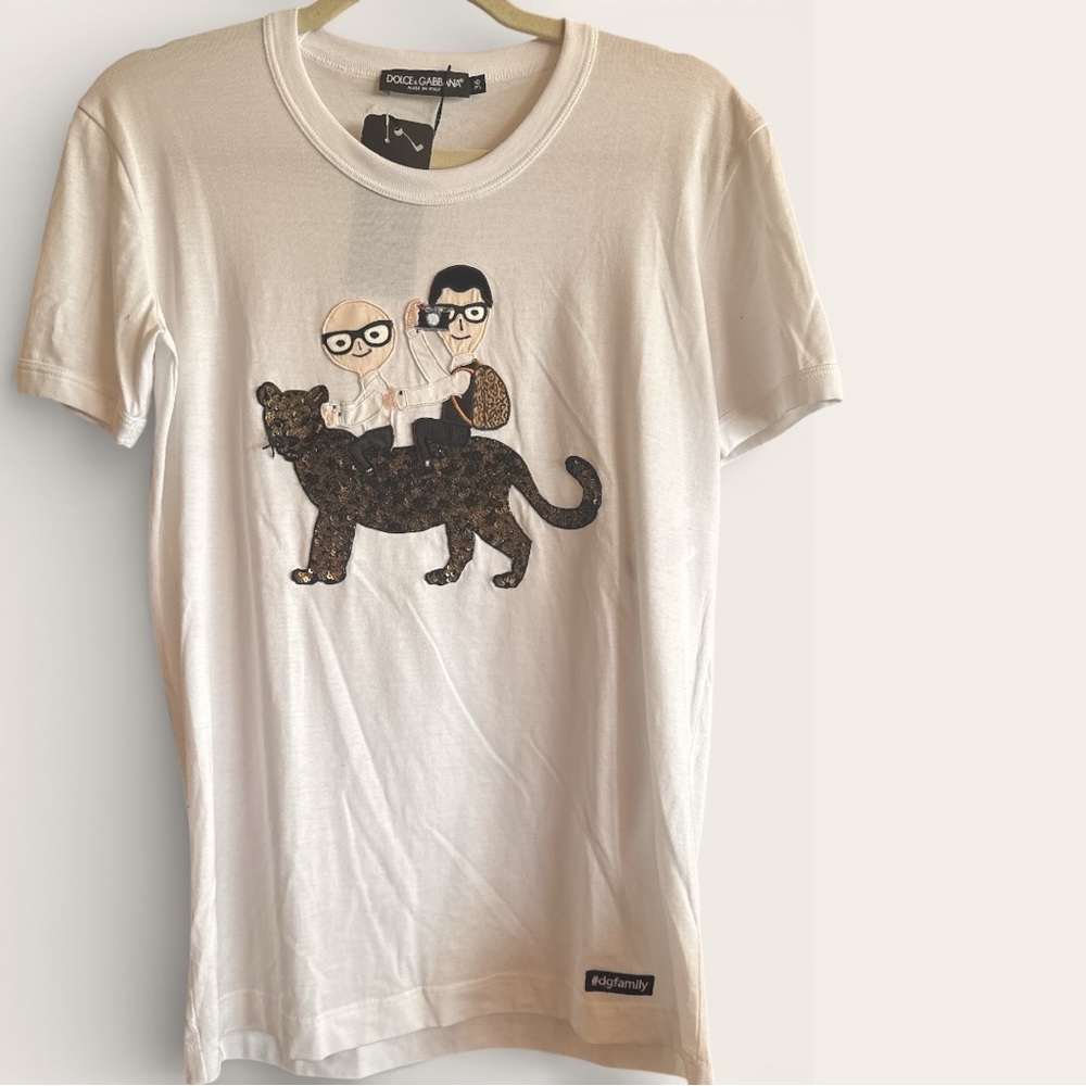 Dolce Gabbana Dog Family Tee With Beaded & Sequin Tiger, NWT